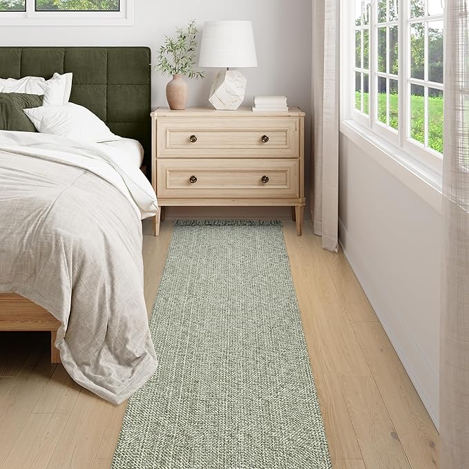 Collive Long Hallway Rug 2.6' x 10' - Washable Indoor Olive Green Cream Braided Woven Kitchen Rugs Low-Profile Door Floor Carpet for Bedroom Doorway