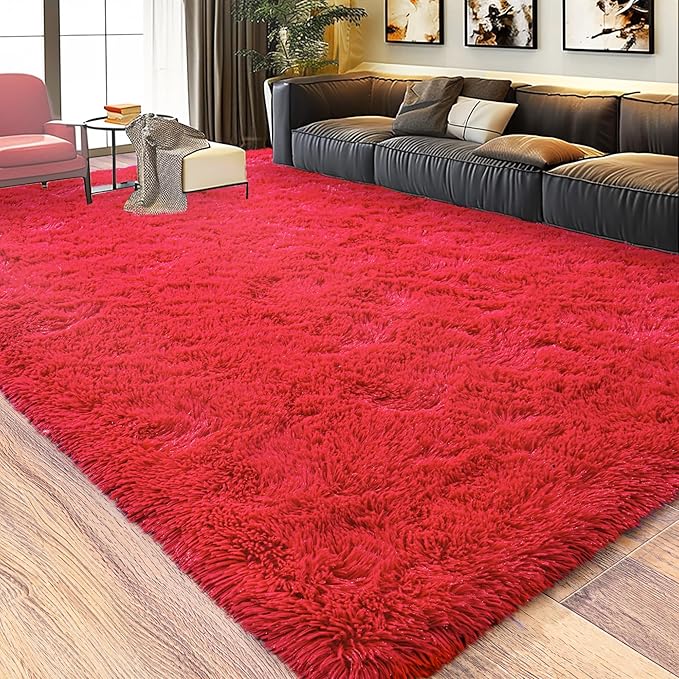 Ultra Fluffy Area Rugs for Living Room Bedroom, 6x9 Fuzzy Large Living Room Rugs, Thick Shag Rug for Dorm, Soft Non Slip Kids Girls Boys Rug for Home Decor Aesthetic, Red
