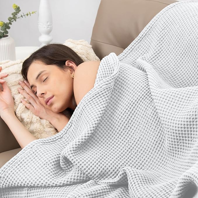 Organic Cotton Waffle Weave Blanket Throw (50" x 60") – Lightweight, Breathable & Soft All-Season Blanket for Couch, Bed, Sofa – Cozy Modern Woven for Beach, Picnic, Travel & Gifts(White)
