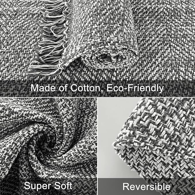 Collive Kitchen Runner Rug, 2' x 4.3' Hand-Woven Reversible Washable Rugs, Grey Cotton Modern Farmhouse Bathroom Mat Hallway Carpet for Foyer Bedroom Entry Back Door Decor