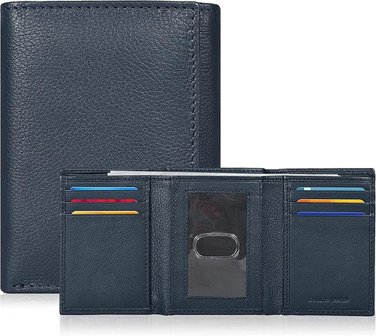 Real Leather Mens Trifold Wallet RFID Blocking Slim Minimalist Front Pocket - Thin & Stylish with ID Window in Gift Box