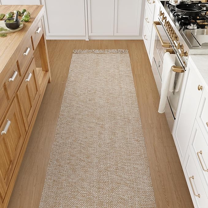 Collive Long Hallway Runner Rug 2.6' x 10', Washable Runner Indoor Entryway Rug, Tan/Cream Braided Woven Kitchen Runner Rugs Low-Profile Front Door Floor Carpet for Laundry Room Bedroom Doorway