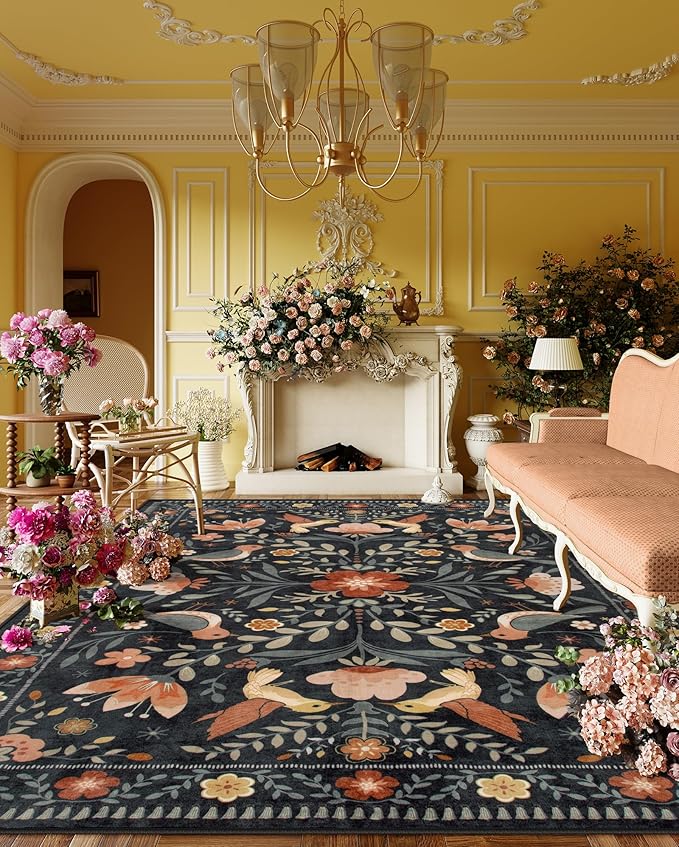 Moynesa Area Rugs 9x12 Black Folk Art Home Decor, Modern Transitional Aesthetic Floral Bird Medallion Carpet for for Living Room Bedroom Dining Room,Non-Slip Washable Floor Protection