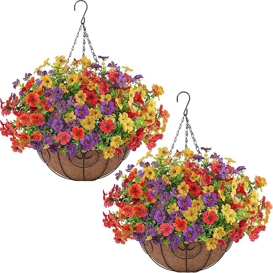 2 Set Artificial Faux Hanging Flowers Plants Basket for Outdoors Outside Spring Summer Decoration,2 Hanging Planters 24pcs Silk Fake Flowers UV Resistant Porch Patio Front Garden Home (4 Multicolor)