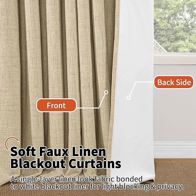 Lajode 100% Blackout Curtains for Living Room/Bedroom 84 Inch Length 2 Panels Set, Thermal Insulated Bronze Grommet Boho Light Blocking Faux Linen Window Drapes White Liner, Each 52" Wide, Burlap
