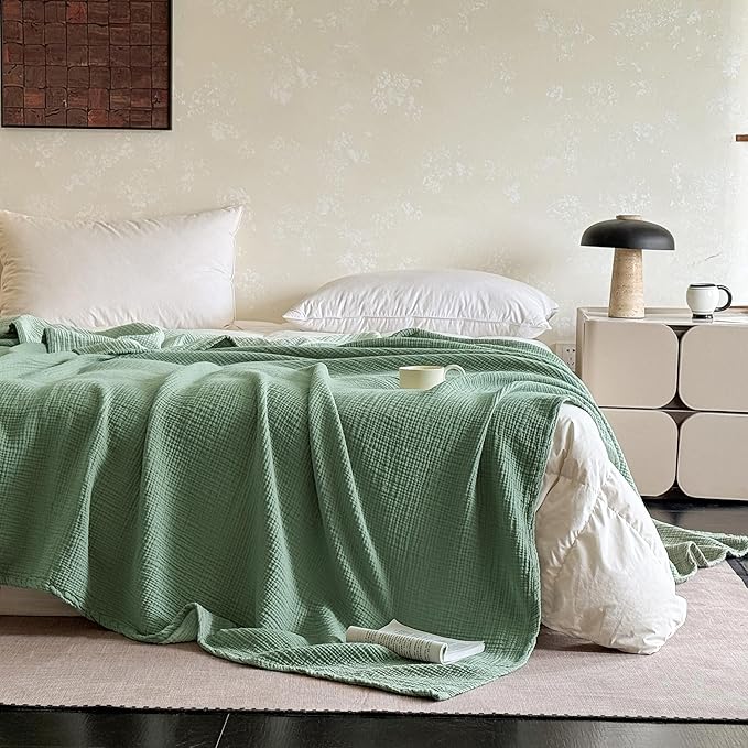 FALUCA Cotton Muslin Reversible Blanket 50x60 Inches for Bed, Couch, Four Layers Blanket, Soft Lightweight Cozy Breathable Farmhouse Decoration for All-Season, Light Green