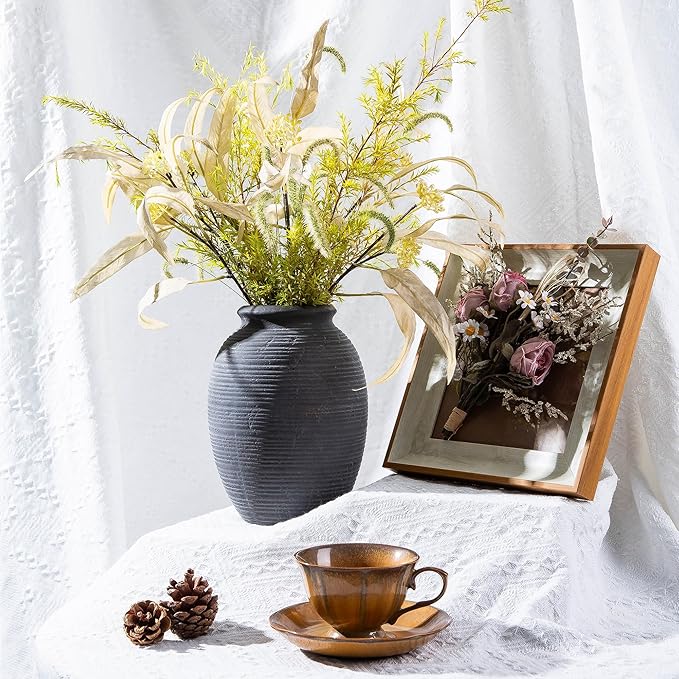 8 Inch Ceramic Black Vase -Rustic Flower Decorative Vases for Home Decor- Vintage Pottery VaseTerracotta Vase for Christmas, Farmhouse House Shelf Decor Farmhouse Table, Lyeec