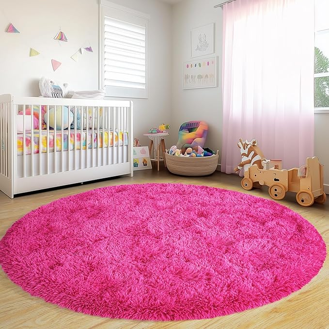 Round Fluffy Rugs 7Ft for Girls Bedroom, Hot Pink Shag Circle Kids Rug Non-Slip for Bedside Dorm Nursery Playroom, Soft Cute Area Rugs for Living Room Decor