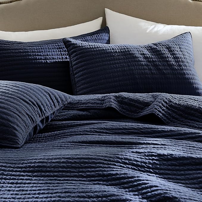 WDCOZY 100% Cotton King Size Quilt Set - Navy Blue Striped Pick Stitch Soft Lightweight Bedspread, Textured Like Linen, Farmhouse Country Rustic Coverlet, Shabby Chic Gauze Bedding, 3 Pieces