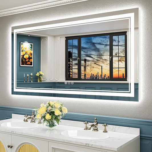 55x30 LED Bathroom Mirror with Lights, Backlit + Front Lit, Anti-Fog Lighted Vanity Mirror for Bathroom Wall with 3 Colors, Stepless Dimmable, Memory, Shatter-Proof, Tempered Glass, ETL Listed