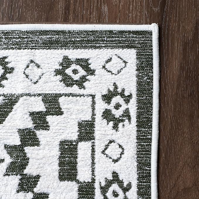 Moroccan Washable Runner Rug 2x8, Geometric Woven Area Rug, Farmhouse Boho Hallway Rug Runner, Non-Slip Soft Lightweight Throw Rug for Bedroom Living Room Laundry Kitchen, Olive Green/White