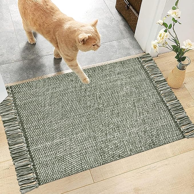 Collive Small Bathroom Rug, 2' x 3' Hand-Woven Low Profile Front Entryway Rug, Olive Green/Cream Cotton Reversible Washable Kitchen Mat Modern Farmhouse Carpet for Foyer Bedroom Back Door Decor