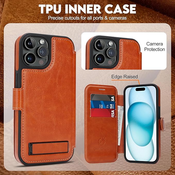 CIVICASE for iPhone 15 Pro Wallet Case with Stand,PU Leather Flip Credit Card Holder Slots (RFID Blocking),Compatible with Magsafe Magnetic Holder Phone Cover Women Men,Brown