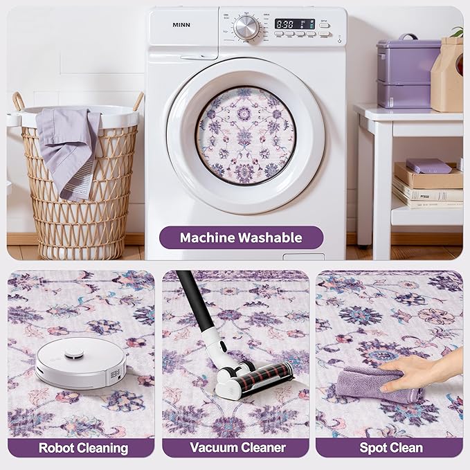 Tangsoo 4x6 Washable Area Rugs Non Slip, Boho Distressed Vintage Purple Floral Throw Rug for Bedroom Nursery, Soft Low Pile Floor Carpet Indoor Mat for Entrance Bedside Kitchen Office Farmhouse