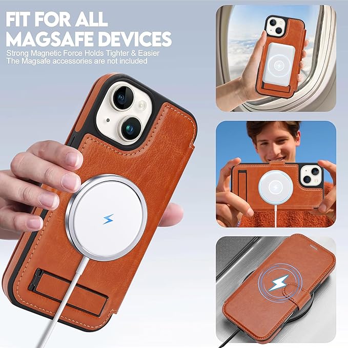 CIVICASE for iPhone 13/iPhone 14 Wallet Case with Stand,PU Leather Flip Credit Card Holder Slots (RFID Blocking),Compatible with Magsafe Magnetic Holder Phone Cover Women Men,Brown
