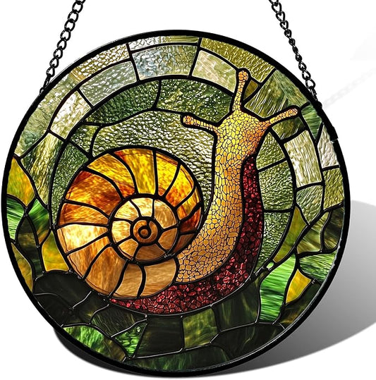 Stained Glass Window Hanging, Green Orange Snail Sun Catcher for Door Home Decor Suncatcher Christmas Mother's Day Birthday Gifts for Women Men Mom and Nana 9.8 in