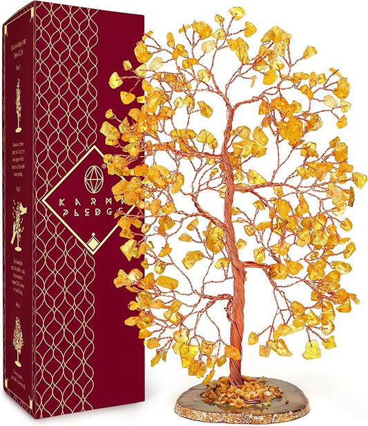 KARMAPLEDGE Citrine Crystal Tree of Life, Healing Crystals and Stones Tree for Home and Office Desk Decoration, Positive Energy, Money, Good Luck, Handmade Feng Shui Spiritual Gifts for Women