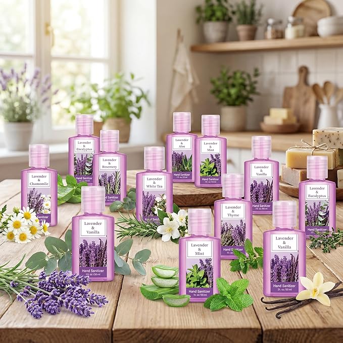 Frienda 24 Pcs Mini Hand Sanitizers Bulk Travel Size Lavender Scented Hand Sanitizers 1 Fl oz Pocket Sanitizing Moisturizes Cleans Hands for Guest Adults Family Office Travel Christmas Party Gifts