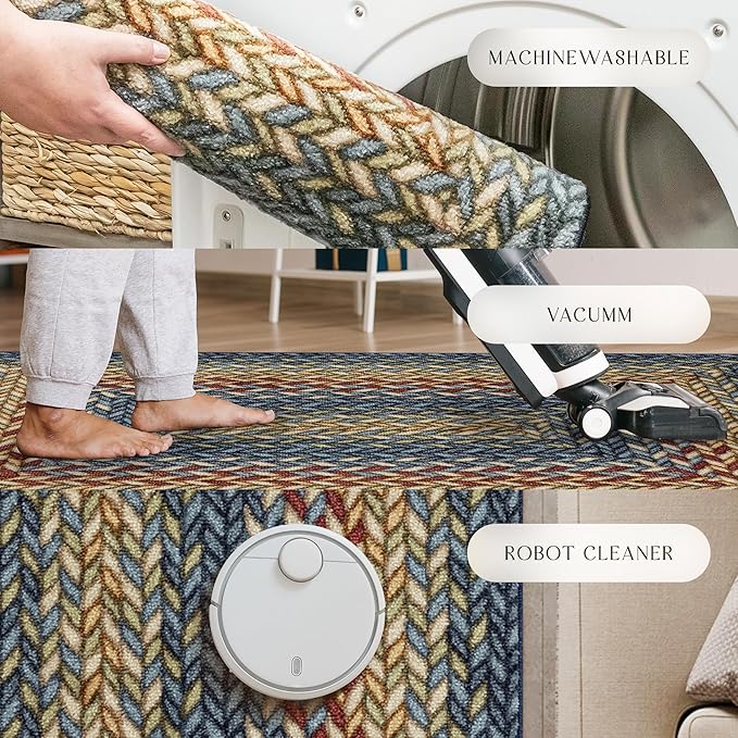 Maples Rugs Marion Bohemian Braided Design Print Runner Rug – Made in USA – Washable, Non Slip Indoor Long Carpet for Hallway, Kitchen, and Laundry Room, 2' x 8', Multi-Color