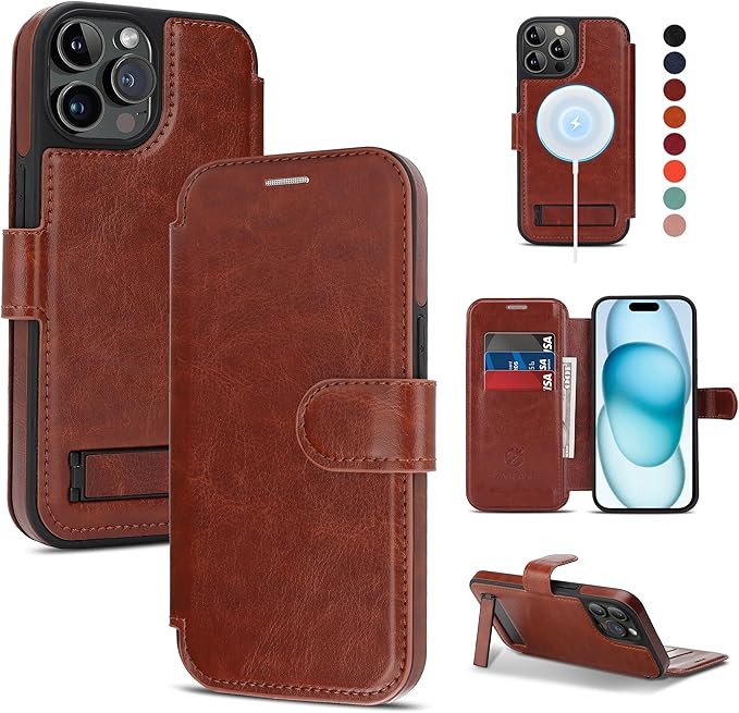 CIVICASE for iPhone 15 Pro Max Wallet Case with Stand,PU Leather Flip Credit Card Holder Slots (RFID Blocking),Compatible with Magsafe Magnetic Holder Phone Cover Women Men,Dark Brown