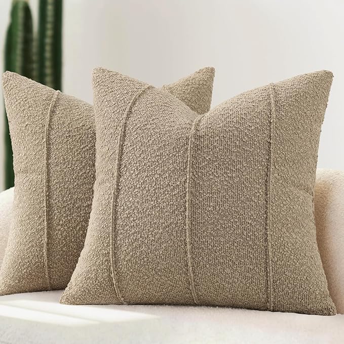 YCOLL Textured Boucle Throw Pillow Covers 22x22 Pack of 2 - Soft Neutral Striped Cushion Covers, Cozy Accent Decorative Pillow Covers for Couch, Sofa, Bed, Living Room (Taupe)