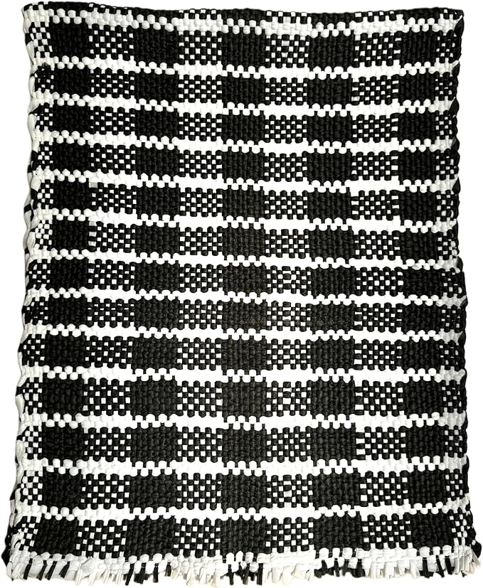 Handmade Mexican Chindi Rug-Colorful Washable Boho Rag Rug 5x2 ft Woven Runner for Kitchen, Bedroom, or Bath, Hippie Area Mat with Tassels, Mexican Style Floor Carpet-Rustic (Chekered Dark)