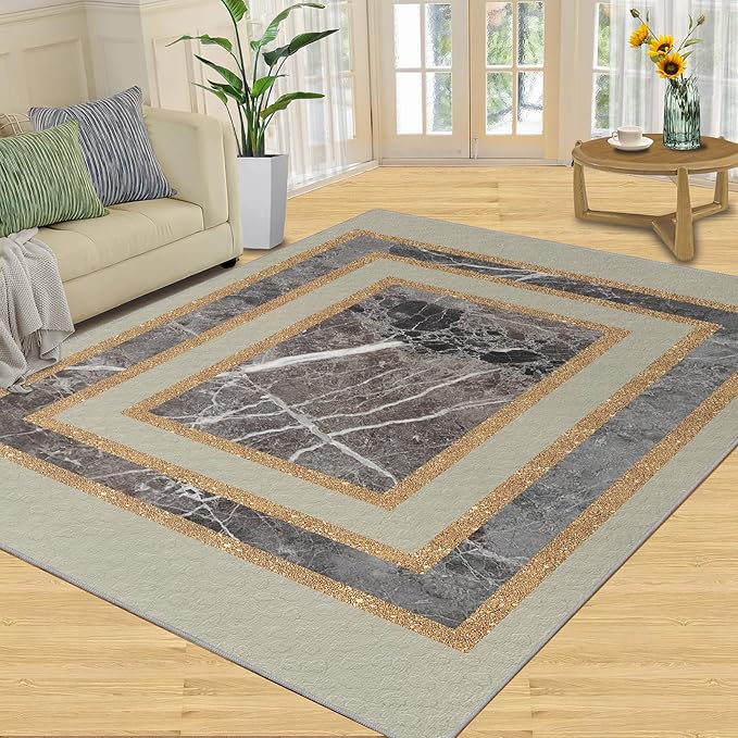 Light Luxury Marble Area Rugs Gilded Stripe Geometry Area Carpet Abstract Marble Texture Rug Stone Crack Carpet for Living Room Study Bedroom 3x5ft