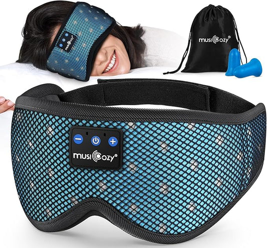 MUSICOZY Bluetooth Sleep Headphones for Side Sleepers, Wireless Headphones with Ultra-Thin Speakers in Comfortable Eye Headphone for Sleeping, Travel, Workout(Mesh Blue)