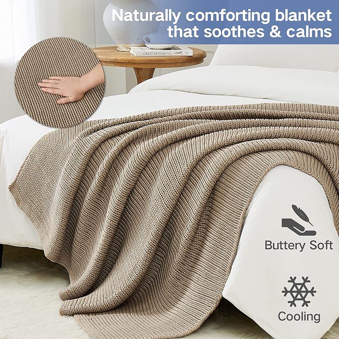 Guohaoi Knitted Weighted Blanket for Adults (Beige 60"x80" 15lbs) No Beads Cooling Throw Blanket for Hot Sleepers, Home Decor Breathable Chunky Knit Heavy Blanket Use on Queen/King Size Bed