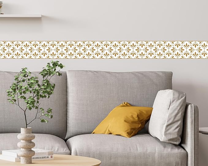 FLFK Wallpaper Border Gold and White Patterns Peel and Stick Wall Border Self Adhesive Wallpapers for Living Room Bedroom Kitchen Bathroom 6"x240"