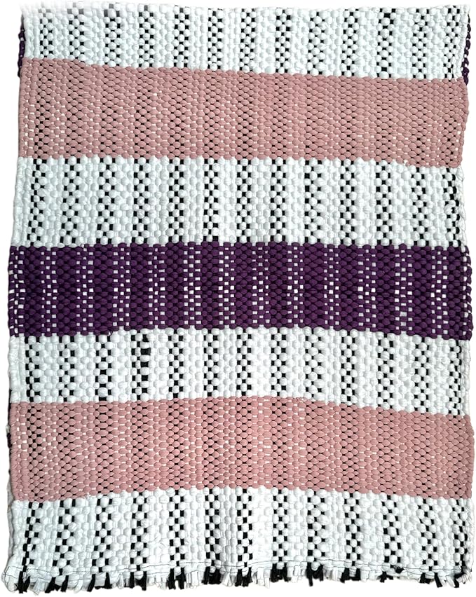 Handmade Mexican Chindi Rug-Colorful Washable Boho Rag Rug 5x2 ft Woven Runner for Kitchen, Bedroom, or Bath, Hippie Area Mat with Tassels, Mexican Style Floor Carpet-Rustic (Stripes Pink and Purple)