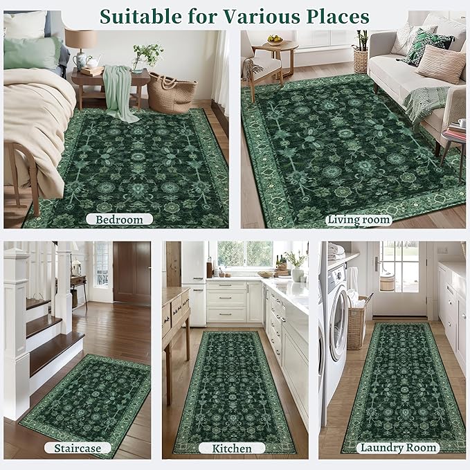 Tangsoo Green 2.6x8 Long Runner Rug Non Slip for Hallway, Washable Vintage Floral Boho Rug Runner for Kitchen Bathroom, Low Pile Carpet Door Mat Indoor Entrance for Bedroom Laundry Pet&Kids Friendly