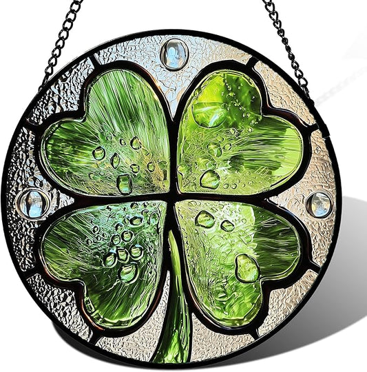 Stained Glass Window Hanging - St. Patrick's Day Green Irish Themed Gifts Sun Catcher Door Home Clover Decor Suncatcher Christmas Mother's Day Birthday Gifts for Women Men Mom Nana 6.3 in