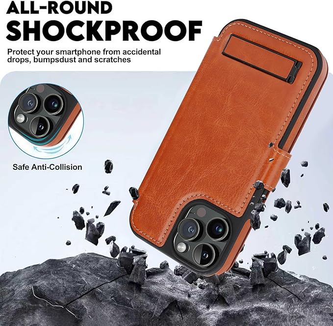 CIVICASE for iPhone 15 Pro Max Wallet Case with Stand,PU Leather Flip Credit Card Holder Slots (RFID Blocking),Compatible with Magsafe Magnetic Holder Phone Cover Women Men,Brown