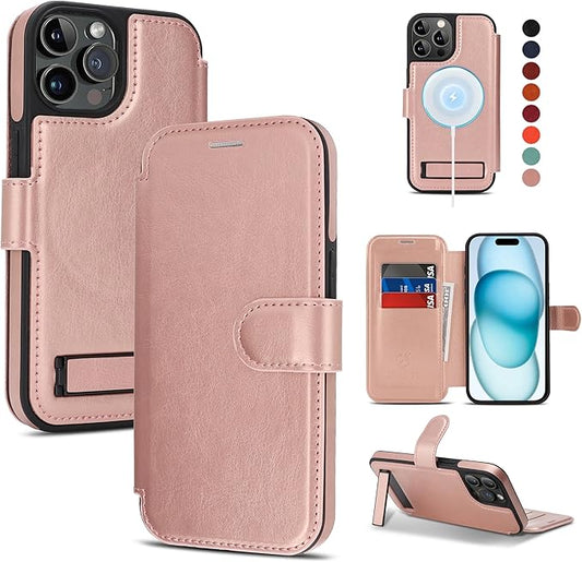 CIVICASE for iPhone 13 Pro Wallet Case with Stand,PU Leather Flip Credit Card Holder Slots (RFID Blocking),Compatible with Magsafe Magnetic Holder Phone Cover Women Men,Rose Gold