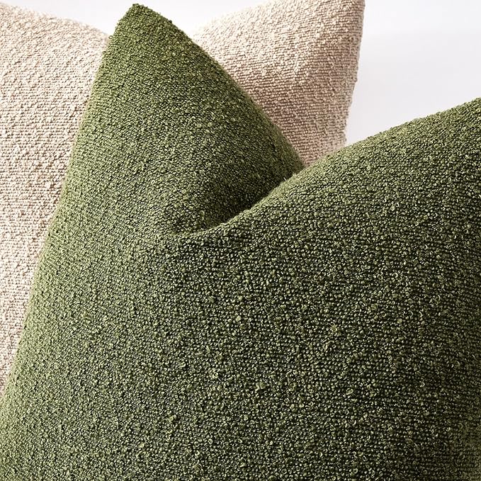 Boucle Decorative Throw Pillow Covers for Couch Set of 2, 20x20 inches, Olive