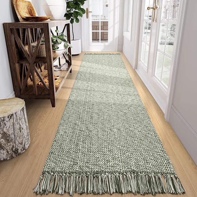 Collive Long Hallway Rug 2.6' x 10' - Washable Indoor Olive Green Cream Braided Woven Kitchen Rugs Low-Profile Door Floor Carpet for Bedroom Doorway