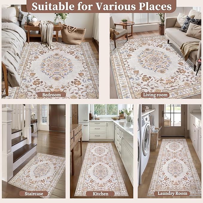 Tangsoo 5x7 Washable Area Rug, Non Slip Boho Neutral Rug for Bedroom Living Room, Vintage Beige Tan Soft Low Pile Floor Indoor Carpet for Bathroom Office Kid & Pets Friendly Home Decor