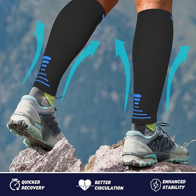 Thoxcare Calf Compression Sleeve for Men Women (1 Pair), Leg Support Footless Compression Socks for Running - Shin Splint Varicose Veins Swelling & Pain Relief, , Black/Blue, X-Large
