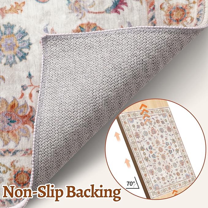 Tangsoo Runner Rug Hallway 2.6x8 Washable Carpet Runner Boho Vintage Floral Distressed Print Non Slip Soft Low-Pile Indoor Rug for Kitchen, Entryway, Bedroom, Laundry, Hallway Runner (Home Decor)