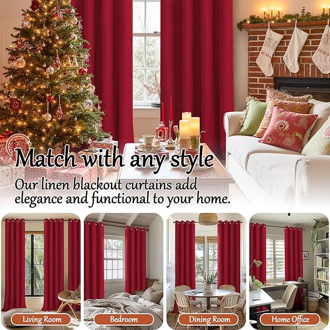Lajode Red Christmas Linen Blackout Curtains 54 Inch Long 2 Panels, Cold Blocking Winter Thermal Insulated Curtains for Living Room Small Window Decor, Soundproof Curtains Each 52x54 Inch 2 Panels