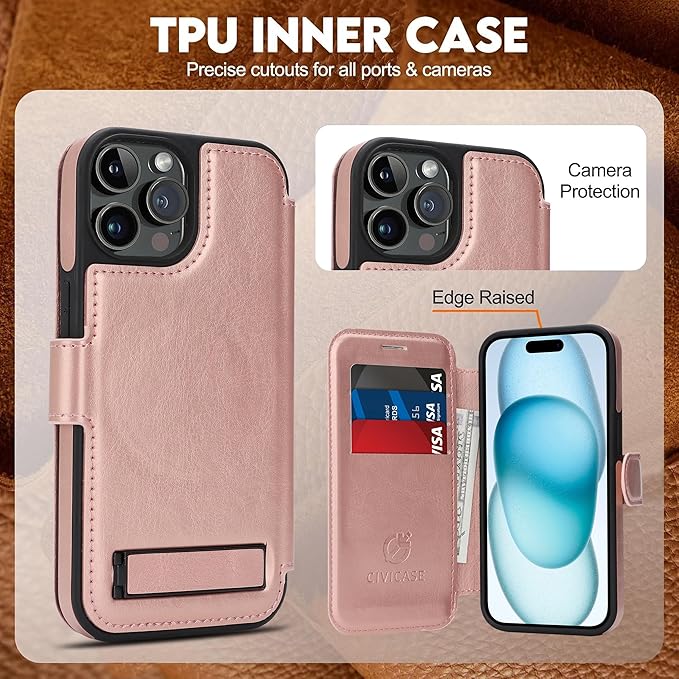 CIVICASE for iPhone 13 Pro Wallet Case with Stand,PU Leather Flip Credit Card Holder Slots (RFID Blocking),Compatible with Magsafe Magnetic Holder Phone Cover Women Men,Rose Gold