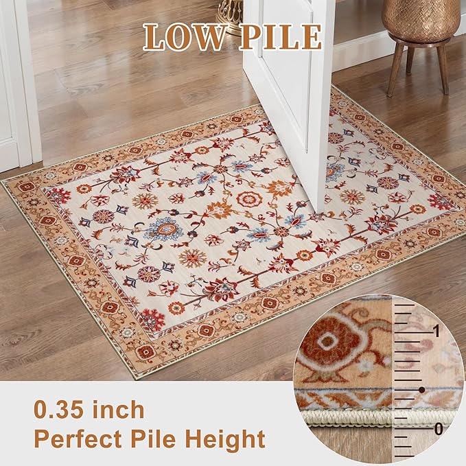 Tangsoo Floral Area Rug 5x7 Machine Washable Orange Rug Non-Slip Vintage Distressed Boho Print, Soft Low Pile Carpet for Living Room, Bedroom, Dining Room, Pet & Child Friendly (Orange Home Decor)