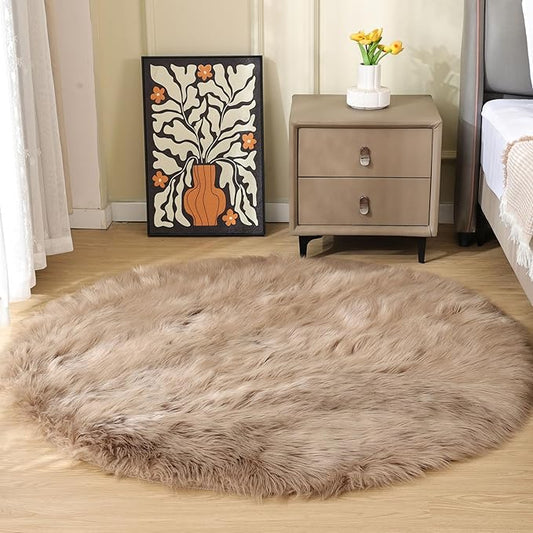Beige Fuzzy Living Room Washable Area Rug 5ft Round Shag Faux Sheepskin Nursery Rug for Bedroom Teen Room Home Decor Soft Fluffy Circle Carpet