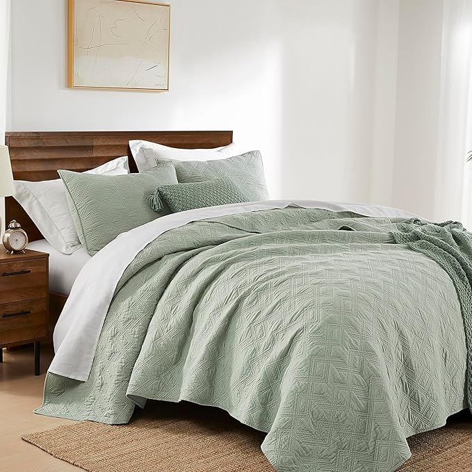 WDCOZY 100% Cotton Oversized King Quilt Set - Sage Green California Cal King Size Soft Lightweight Modern Bedspread, Farmhouse Country Rustic Coverlet, Textured Like Linen, Shabby Chic Bedding
