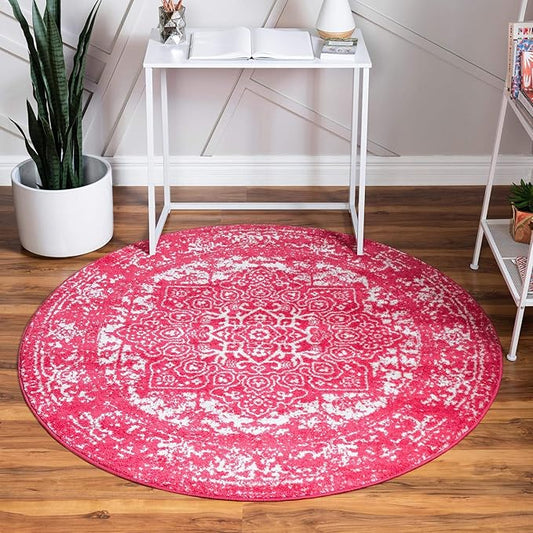 Rugs.com Arlington Collection Rug – 8 Ft Round Pink Medium-Pile Rug Perfect for Kitchens, Dining Rooms