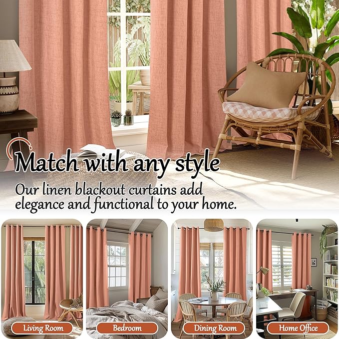 Lajode Terracotta 100% Linen Blackout Fall Curtains for Bedroom 95 Inch Long 52 Wide, Extra Long Thermal Insulated Light Blocking Curtains, Noise Refusing Window Drape Each 52x95 Inch 2 Panels