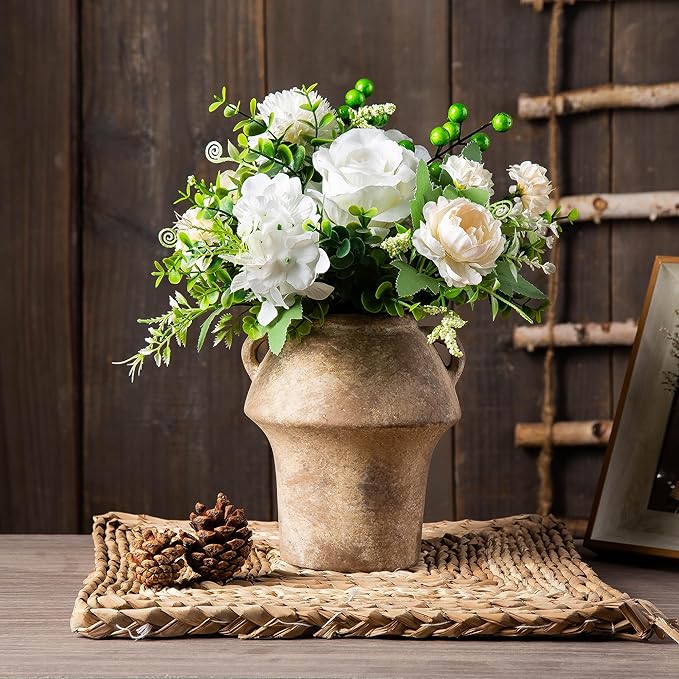 Rustice Vase for Flowers, 7in Decorative Farmhouse Vases for Pampas Grass, Vintage vase for Centerpieces, Terracotta Wide Open Vases with Handle, Unique Ceramic Vase by Lyeec