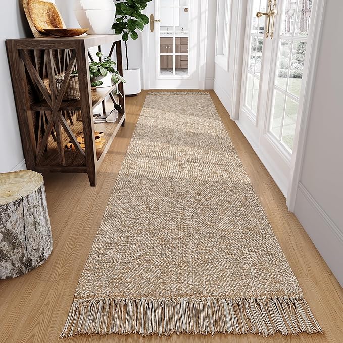 Collive Long Hallway Runner Rug 2.6' x 10', Washable Runner Indoor Entryway Rug, Tan/Cream Braided Woven Kitchen Runner Rugs Low-Profile Front Door Floor Carpet for Laundry Room Bedroom Doorway