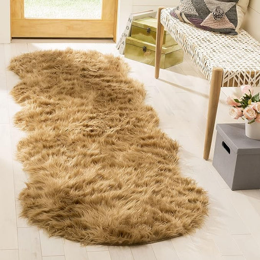 SAFAVIEH Faux Sheep Skin Collection 2'6" x 8' Camel FSS115E Silken Glam 2.35-inch Thick Runner Rug